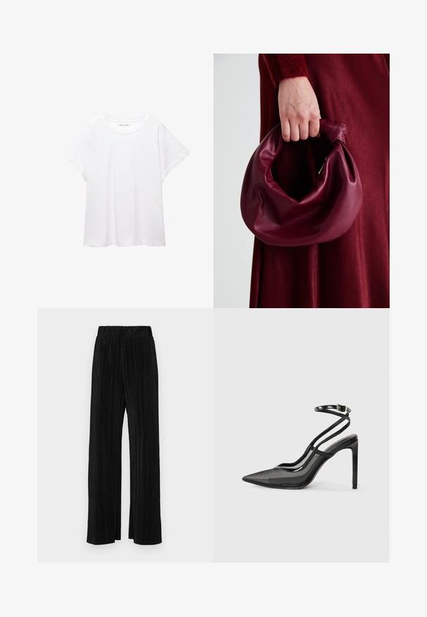 Tricou alb dintr-un material moale și ușor. Prezintă un decolteu rotund și mâneci scurte, largi, cu un croi lejer. Fără modele vizibile.; Pantaloni negri plisati cu talie elastică. Prezintă picioare largi și un material neted, texturat, cu dungi verticale.; Pantofi cu toc înalt negri, cu vârful ascuțit, combinație de plasă și piele lac, curea pentru gleznă cu detaliu de cataramă, siluetă elegantă.; Geantă de mână din piele burgundă, cu un design moale și pliat și o formă rotundă. Mânerele sunt securizate, evidențiind o textură netedă.