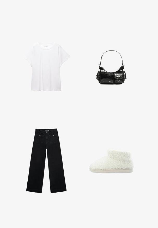 T-shirt bianco realizzato in un tessuto morbido e leggero. Presenta un collo rotondo e maniche corte e larghe con vestibilità morbida. Nessun motivo visibile.; Jeans neri a gamba larga con vita alta, dotati di due tasche frontali e dettagli in metallo sui bottoni. Il tessuto ha una texture liscia.; Stivaletti bianchi e pelosi fino alla caviglia, realizzati in materiale morbido e testurizzato, con una suola piatta beige. Presentano punte arrotondate e una parte superiore con risvolto per maggiore calore.; Borsa a spalla in vernice nera con forma curvata, una tracolla, tasche frontali e dettagli in metallo argentato.