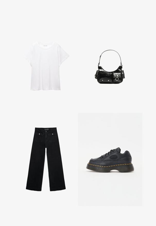 Bijela majica od mekane, lagane tkanine. Ima okrugli izrez i kratke, široke rukave s ležernim krojem. Bez vidljivih uzoraka.; Crne široke traperice s visokim strukom, koje imaju dva prednja džepa i metalne gumbe kao ukrase. Tkanina ima glatku teksturu.; Crne kožne tenisice s teksturiranom površinom, okruglim nosom i debelim platformam. Imaju žute akcentne šavove i brandirani bočni logo.; Crna patentna kožna torba s zakrivljenim oblikom, jednim remenom za rame, prednjim džepovima i akcentima od srebrnog tona.