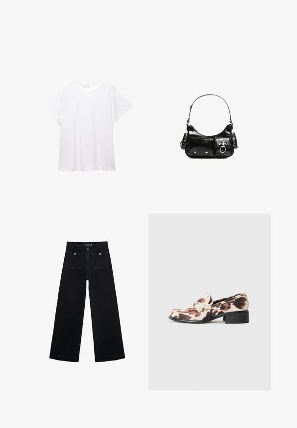 Biele tričko vyrobené z mäkkého, ľahkého materiálu. Má okrúhly výstrih a krátke, široké rukávy s uvoľneným strihom. Bez viditeľných vzorov.; Čierne široké nohavice s vysokým pásom, s dvoma prednými vreckami a kovovými detailmi na gombíku. Tkanina má hladkú textúru.; Nízke kladies s čiernym vrstveným podpätkom, béžovým a hnedým zvieracím motívom na textilnom zvršku a dekoračnými páskami cez priehlavok.; Čierna laková kožená kabelka s ohnutým tvarom, jedným ramenným popruhom, prednými vreckami a striebornými kovovými doplnkami.