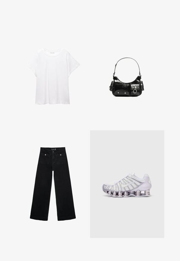 Bela majica s kratkimi rukavi, izdelana iz mehkega in lahkega blaga. Ima okroglo ovratnico ter kratke, široke rokave z udobnim krojem. Brez vidnih vzorcev.; Črne široke kavbojke z visokim pasom, ki imajo dva sprednja žepa in kovinske gumbi. Tkanina ima gladko teksturo.; Bele in vijolične športne čevlje z mrežno zgornjico, značilnim valovnim dizajnom in velikimi okroglimi blažilnimi podporniki v podplatu.; Črna lakasta usnjena torbica s ukrivljeno obliko, enim ramenskim trakom, sprednjimi žepi in srebrnimi kovinskimi dodatki.