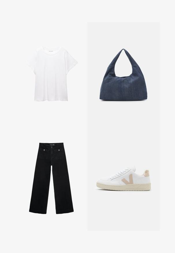 Biele tričko vyrobené z mäkkého, ľahkého materiálu. Má okrúhly výstrih a krátke, široké rukávy s uvoľneným strihom. Bez viditeľných vzorov.; Čierne široké nohavice s vysokým pásom, s dvoma prednými vreckami a kovovými detailmi na gombíku. Tkanina má hladkú textúru.; Biele tenisky s béžovými semišovými akcentmi, okrúly špičkou a bielymi šnúrkami. Textúrovaná gumová podešva a logový detail na päte.; Tmavomodrá džínová taška so mäkkým, voľným tvarom, s rukoväťou v štýle hobo a textúrovaným povrchom. Žiadne viditeľné kovové akcenty.