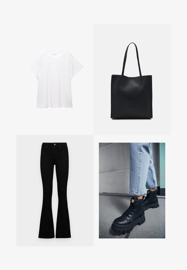 Valkoinen T-paita, joka on valmistettu pehmeästä ja kevyestä kankaasta. Omistaa pyöreän kaula-aukon ja lyhyet, leveät hihat rentoa istuvuutta varten. Ei näkyviä kuvioita.; Mustat korkeavyötäröiset farkut nappi- ja vetskariyläosalla, etutaskuilla ja levenevillä lahkeilla, asetettuna tasaisesti valkoista taustaa vasten.; Mustat korkeavartiset saappaat, joissa on teksturoitu nahkapinta, paksu kumipohja ja mustat nauhat, yhdistettynä vaaleansinisiin käännettyihin farkkuihin.; Mustapahkainen kangaskassi, jossa on sileä pinta, suorakaiteen muotoinen ja kaksi pitkää kahvaa. Ei näkyvää metalliosaa tai koristeita.