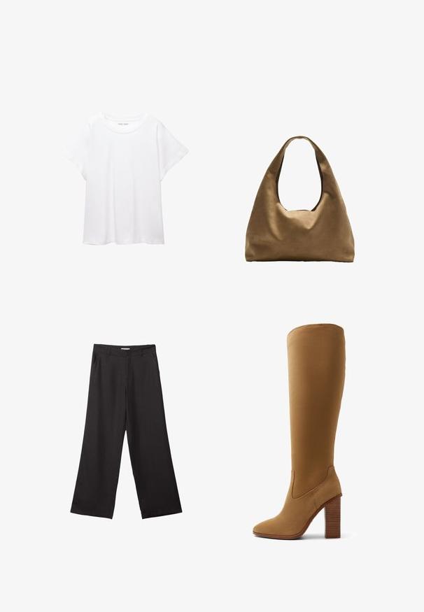 Vit t-shirt som är gjord av mjukt, lätt tyg. Har en rund halsringning och korta, vida ärmar med en avslappnad passform. Inga synliga mönster.; Svarta vida byxor i slät väv, med dragkedja fram och två sidofickor, med skräddarsydd passform och minimalistisk design.; Knee-high kängor i beige mocka med spetsig tå, vertikal sömdetalj och en kraftig klack med horisontella spår.; Brun tygaxelväska med en bred, rundad kropp och ett stort utskärningshandtag. Mjukt material, minimalistisk design och ingen synlig hårdvara.
