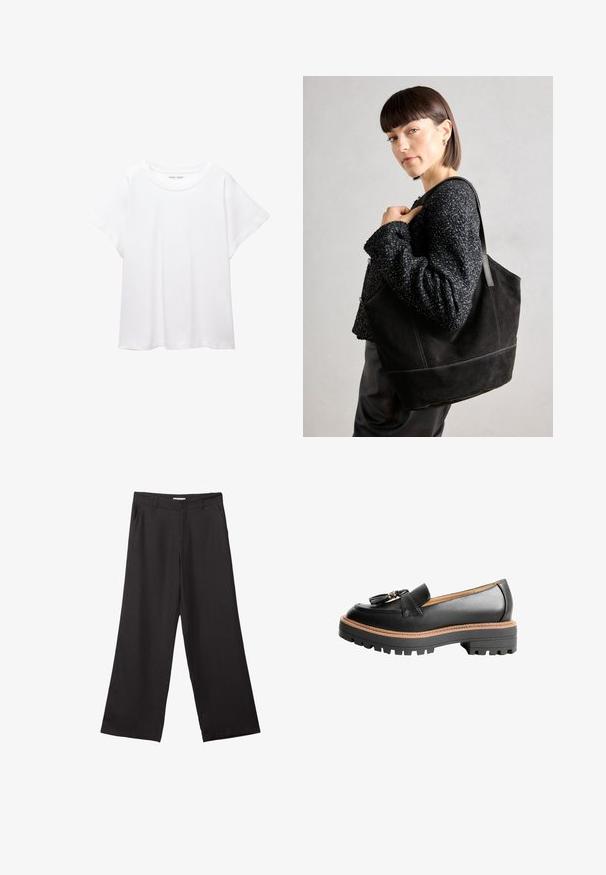 Biele tričko vyrobené z mäkkého, ľahkého materiálu. Má okrúhly výstrih a krátke, široké rukávy s uvoľneným strihom. Bez viditeľných vzorov.; Čierne široké nohavice vyrobené z hladkej tkaniny, so zipsom vpredu a dvoma bočnými vreckami, s prispôsobeným strihom a minimalistickým dizajnom.; Čierne kožené loafery s okrúhlou špičkou, ozdobným detailom v podobe mašle a masívnou čiernou gumovou podrážkou s kontrastným hnedým šitím.; Čierna semišová taška so hladkou textúrou, štruktúrovaným tvarom a kontrastným šitím. Obsahuje dlhé popruhy na nosenie na ramene.