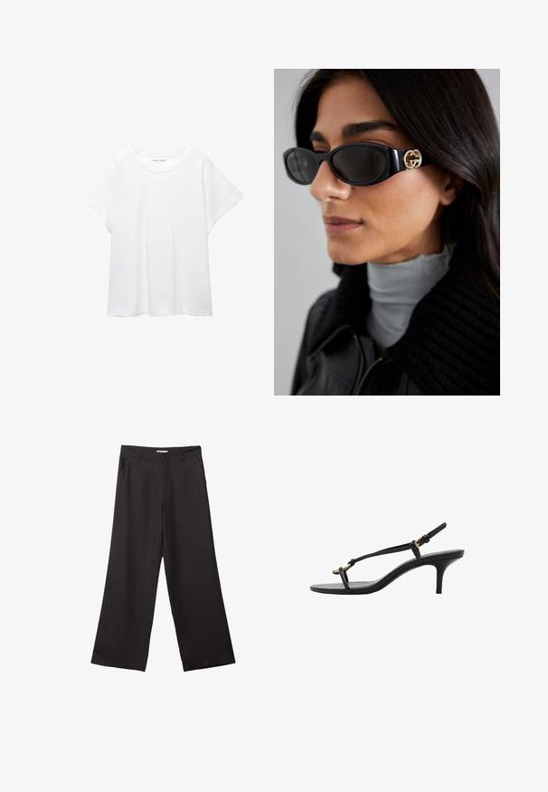 White T-shirt made of soft, lightweight fabric. Features a round neckline and short, wide sleeves with a relaxed fit. No visible patterns.; Black wide-leg trousers made of smooth fabric, featuring a front zipper and two side pockets, with a tailored fit and minimalistic design.; Black leather kitten heel sandal with thin straps, gold buckle, and minimalist toe loop on a white background.; Black sunglasses featuring a sleek rectangular frame with a gold logo accent on the side. Dark lenses and glossy finish are prominent.; Black leather handbag with a structured design, top handle, detachable strap, and gold-tone hardware on a magnetic closure.