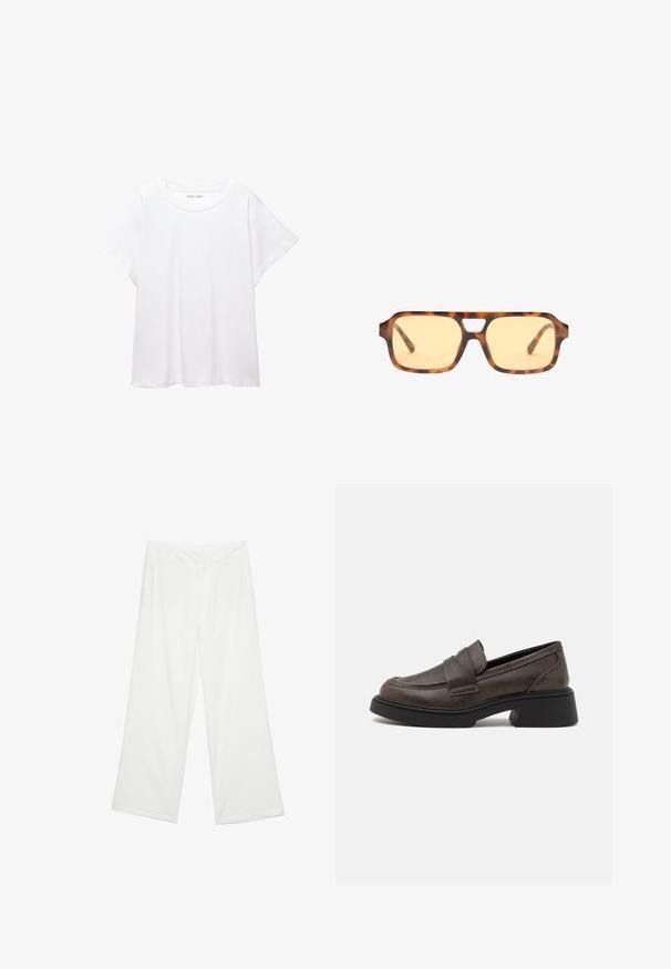 Bílý tričko vyrobené z měkké, lehké tkaniny. Má kulatý výstřih a krátké, široké rukávy s uvolněným střihem. Bez viditelných vzorů.; Kalhoty s širokými nohavicemi z bílé látky, s hladkým povrchem, předními kapsami a klasickým pasem s poutky na opasek.; Hnědé kožené mokasíny s kulatou špičkou, dekorativním páskem a výrazným černým blokem na podpatku. Hladký povrch s jemnou texturou.; Želvovinové sluneční brýle se žlutými skly, obdélníkový tvar a výrazný výřez na mostě. Texturované strany design doplňují.; Hnědá semišová kabelka se dvěma pevnými uchy, obdélníkovým tvarem a dekorativním páskem přes přední stranu.