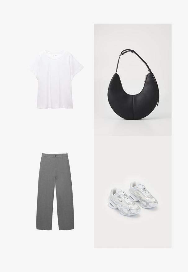 Fehér póló, puha, könnyű anyagból készült. Kerek nyakú, rövid, széles ujjaival és laza szabásával rendelkezik. Nincsenek látható minták.; Világosszürke, széles szárú nadrág sima, texturált anyagból, elől gombos záródással és övhurkokkal a deréknál.; Fehér sportcipők hálós felsőrésszel, ezüst részletekkel, különleges formával és lég párnázással a sarkában. Fűzős dizájn logóval.; Fekete bőrből készült félhold alakú kézitáska sima felülettel, egyetlen állítható vállpánttal, és oldalsó cipzárral.