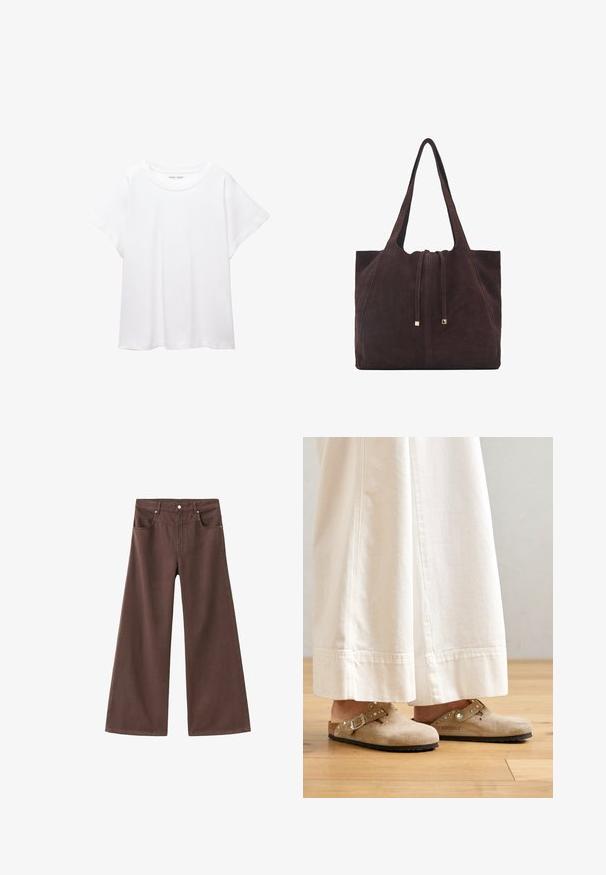 Bela majica s kratkimi rukavi, izdelana iz mehkega in lahkega blaga. Ima okroglo ovratnico ter kratke, široke rokave z udobnim krojem. Brez vidnih vzorcev.; Rjavi široki džins hlače iz denima. Imajo pet žepov, zadrgo in kovinske zakovice. Gladka tekstura in klasična zasnova.; Bež sueded klompe z zaponko in poudarjenimi okraski, oblečene z belimi širokimi hlačami, postavljene na leseno tla.; Mango Torba za nakupovanje - dark brown