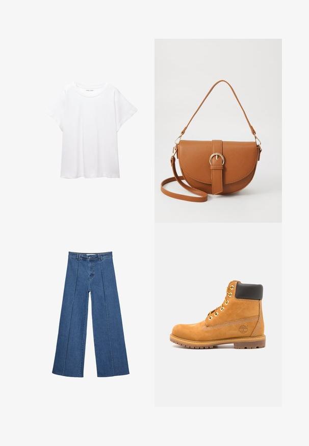 Valkoinen T-paita, joka on valmistettu pehmeästä ja kevyestä kankaasta. Omistaa pyöreän kaula-aukon ja lyhyet, leveät hihat rentoa istuvuutta varten. Ei näkyviä kuvioita.; Korkeat vyötäröiset, keskisiniset, leveiden lahkeiden denim-farkut, joissa on nappikiinnitys ja kontrastiväriset pystysaumadetaileja edessä.; Ruskeat nahkaiset nilkkurit mustalla pehmusteella, kultaisilla läpyillä ja teksturoidulla pohjalla. Sivulla on pyöreä logo ja ompeluakkentteja.; Ruskean nahkainen olkalaukku, jossa on kaareva muoto, kultaiset yksityiskohdat ja solkiyksityiskohta. Varustettu irrotettavalla olkahihnalla.