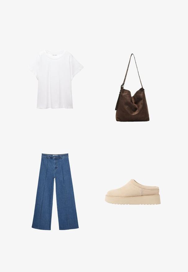 Witte T-shirt van zacht, lichtgewicht stof. Heeft een ronde halslijn en korte, brede mouwen met een ontspannen pasvorm. Geen zichtbare patronen.; Brede denim jeans in medium blauw, met een hoge taille, knoopsluiting en contrasterende verticale naden aan de voorkant.; Beige suède instap schoenen met een ronde neus en dikke, gestructureerde plateauzool. Heeft minimale stiksels en een zachte uitstraling.; Bruine suède hobo tas met een gebogen bovenkant, een lange strap met stipaccenten en een zachte textuur. Heeft een slouchy ontwerp voor casual gebruik.