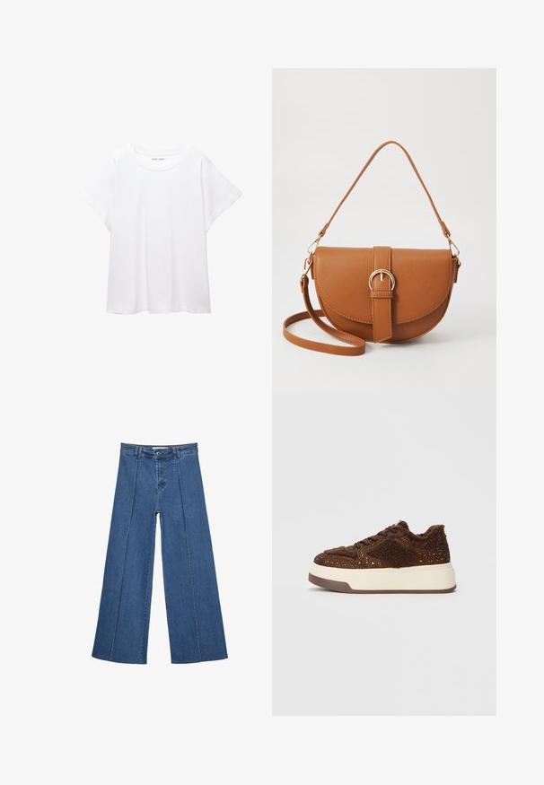 T-shirt blanc en tissu doux et léger. Il présente un col rond et des manches courtes et larges avec une coupe décontractée. Aucun motif visible.; Jeans en denim à jambes larges de couleur bleu moyen, présentant une taille haute, une fermeture à bouton et des détails de couture verticaux contrastants à l'avant.; Baskets plateformes marron en tissu texturé avec des accents scintillants, un col moelleux et une semelle en caoutchouc durable.; Sac bandoulière en cuir marron avec une forme incurvée, quincaillerie dorée et un accent en boucle. Comprend une bandoulière détachable.