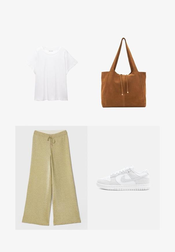 T-shirt blanc en tissu doux et léger. Il présente un col rond et des manches courtes et larges avec une coupe décontractée. Aucun motif visible.; Pantalons larges en métal doré avec une taille élastique et un cordon de serrage. Caractérisés par une texture douce et un ourlet festonné.; Baskets Nike blanches avec un mélange de cuir texturé et de suède, au design bas, à bout rond et avec une semelle en caoutchouc à motifs.; Sac fourre-tout en suède marron avec une large ouverture, des sangles allongées et une fermeture à cordon avec des accents métalliques. Texture lisse avec des coutures minimales.