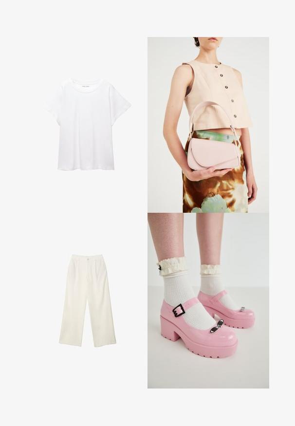 T-shirt blanc en tissu doux et léger. Il présente un col rond et des manches courtes et larges avec une coupe décontractée. Aucun motif visible.; Pantalons à jambes larges en tissu crème avec une texture lisse, dotés d'un seul bouton à l'avant, de plis subtils et d'un design taille haute.; Des chaussures à plateforme en vernis rose avec un bout arrondi, une boucle ajustable et des accents en forme d'œil de chat noir, associées à des chaussettes blanches à côtes avec des bords froncés.; Sac à main en cuir rose avec un rabat arrondi, une bandoulière unique et des lignes épurées. Le sac présente une texture lisse et un design minimaliste.