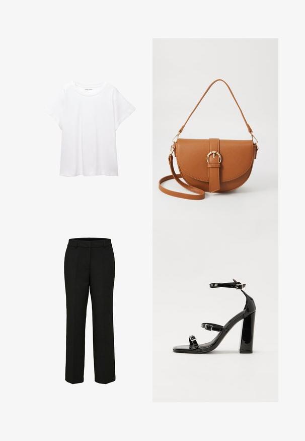 Biele tričko vyrobené z mäkkého, ľahkého materiálu. Má okrúhly výstrih a krátke, široké rukávy s uvoľneným strihom. Bez viditeľných vzorov.; Čierne, upravené nohavice s rovnými nohavicami, pútka na opasok a predné vrecká; hladká tkanina s čistým povrchom.; Čierne lakované sandále na vysokom opätku s dvoma prackami, štvorcovou špičkou a hrubým blokovým opätkom, s hladkou, lesklou textúrou.; Hnedá kožená kabelka cez telo s zakriveným tvarom, zlatými kovovými doplnkami a akcentom s prackou. Obsahuje odnímateľný ramenný popruh.
