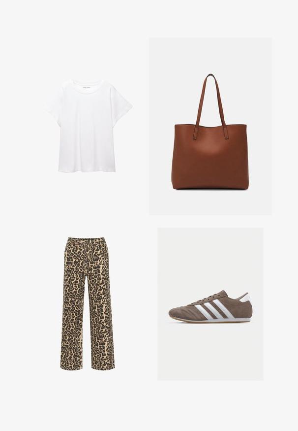 T-shirt blanc en tissu doux et léger. Il présente un col rond et des manches courtes et larges avec une coupe décontractée. Aucun motif visible.; Pantalons à larges jambes en imprimé léopard beige et noir, avec fermeture à bouton et plusieurs poches, fabriqués dans un tissu texturé.; Chaussure de sport en suède brun avec des rayures blanches, bout rond, design à lacets et semelle en caoutchouc naturel. Empeigne texturée avec des détails de couture.; Sac fourre-tout en cuir marron avec une texture lisse, design à ouverture supérieure et deux poignées pour le porter à l'épaule. Présente des coutures minimales et aucun matériel visible.