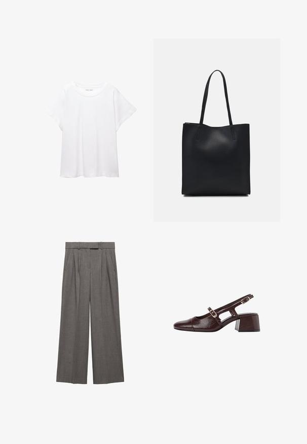 Bílý tričko vyrobené z měkké, lehké tkaniny. Má kulatý výstřih a krátké, široké rukávy s uvolněným střihem. Bez viditelných vzorů.; Šedé široké kalhoty vyrobené z texturované tkaniny, s vysokým pasem, plínkami a bočními kapsami.; Hnědé kožené slingback podpatky se čtveratou špičkou, výřezovými stranami a blokovým podpatkem. Obsahuje přezku na kotníkovém pásku.; Černá kožená taška přes rameno s hladkým povrchem, obdélníkovým tvarem a dvěma dlouhými uchy. Žádné viditelné kování ani ozdoby.