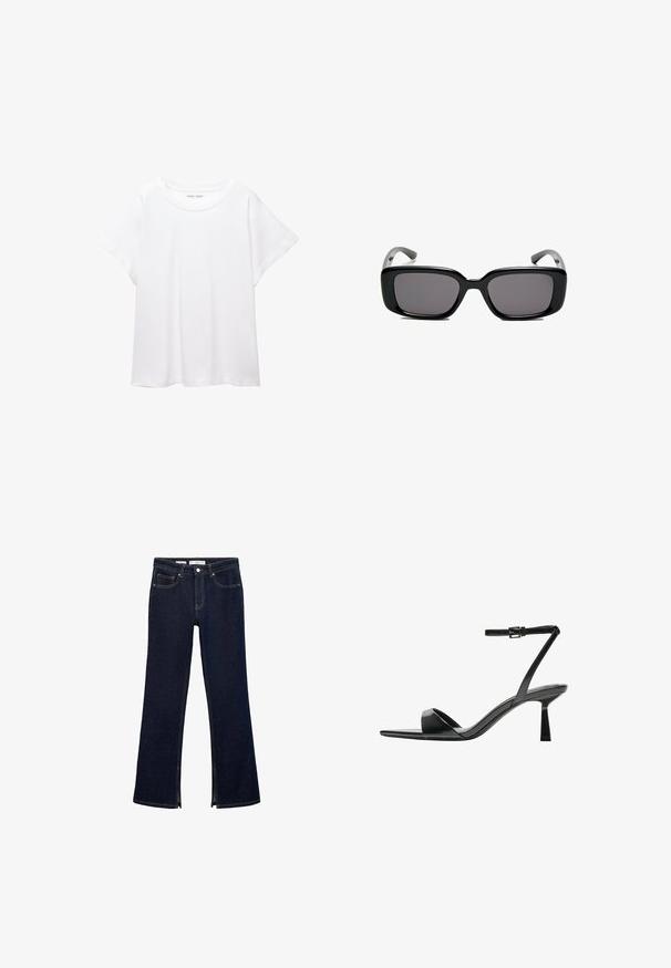 Bela majica s kratkimi rukavi, izdelana iz mehkega in lahkega blaga. Ima okroglo ovratnico ter kratke, široke rokave z udobnim krojem. Brez vidnih vzorcev.; Temno modri traperji z razširjenimi hlačnicami imajo visok pas, stranske zadrge, sprednje žepke in kontrastne šive, ki dodajajo dodatno definicijo.; Bershka Sandali z visoko peto - black; Črne pravokotne sončne očala z temnimi lečami, gladkim plastičnim okvirjem in ukrivljenimi nogicami. Oblika je robustna in minimalistična.