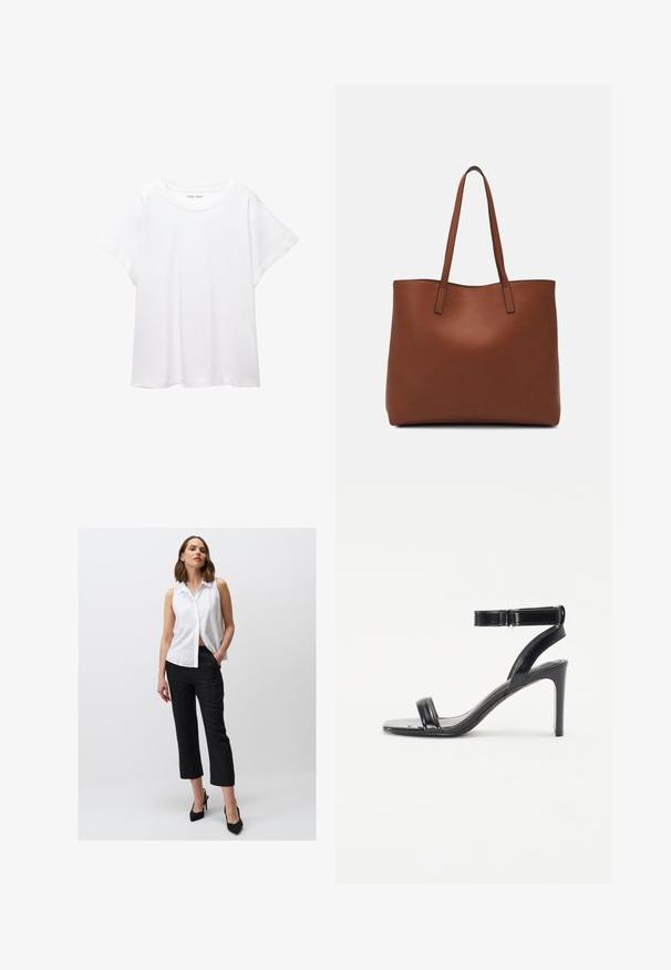 Weißes T-Shirt aus weichem, leichtem Stoff. Mit runder Halslinie und kurzen, weit geschnittenen Ärmeln für einen lässigen Sitz. Keine sichtbaren Muster.; Weißes ärmelloses Blusenshirt mit Kragen, kombiniert mit schwarzen, taillierten Caprihosen mit geradem Schnitt und Seitentaschen. Schwarze High Heels runden den Look ab.; Schwarze Sandalette mit glänzender Oberfläche, ausgestattet mit zwei schmalen Riemen und einem Knöchelriemen, auf einem schlanken Stiletto-Absatz.; Braune Leder-Tote mit glatter Textur, offenem Oberteil und zwei Schulterriemen. Verfügt über minimale Nähte und keine sichtbaren Beschläge.
