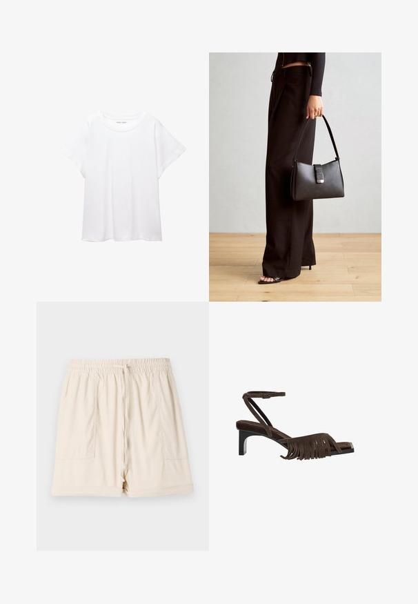 Witte T-shirt van zacht, lichtgewicht stof. Heeft een ronde halslijn en korte, brede mouwen met een ontspannen pasvorm. Geen zichtbare patronen.; Beige katoenen shorts met een elastische tailleband, een trekkoord en twee zijzakken; heeft een relaxte pasvorm en omgeslagen zoom.; Bruine suede sandaal met franjes, enkelbandje en een lage vierkante hak. Heeft een slank, minimalistisch ontwerp met subtiele textuur.; Zwarte handtas met gestructureerde vorm, gladde textuur en een metalen sluiting. Gecombineerd met brede zwarte broeken en sandalen met open teen op een houten vloer.
