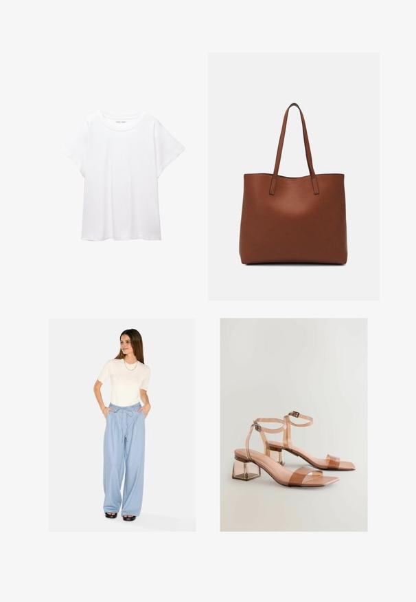 Bílý tričko vyrobené z měkké, lehké tkaniny. Má kulatý výstřih a krátké, široké rukávy s uvolněným střihem. Bez viditelných vzorů.; Světle modré široké kalhoty s šňůrkovým pasem a bočními kapsami. V kombinaci s bílou košilí s vroubkovaným lemem a krátkým rukávem. Černé platformové sandály.; Průhledné sandály na blokovém podpatku s nahými popruhy, čtveratými špičkami a nastavovacími přezkami na kotnících; hladký povrch a lesklý finiš.; Hnědá kožená taška přes rameno s hladkou texturou, otevřeným designem a dvěma ramenními popruhy. Obsahuje minimální švy a žádné viditelné kovové prvky.