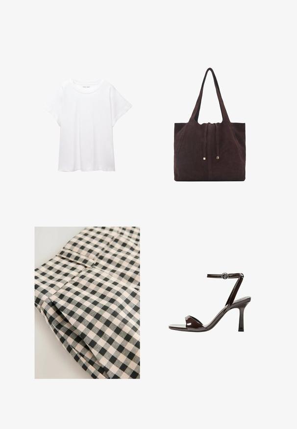 Weißes T-Shirt aus weichem, leichtem Stoff. Mit runder Halslinie und kurzen, weit geschnittenen Ärmeln für einen lässigen Sitz. Keine sichtbaren Muster.; Schwarz-beige kariertes Stoff mit glatter Textur. Detail zeigt einen gefalteten Abschnitt mit Tasche und sauberen Abschlusslinien.; Braune Lackleder-High-Heelsandale mit einem Knöchelriemen, offener Zehenpartie und einem schlanken, minimalistischen Design. Verfügt über einen quadratischen Absatz.; Mango Shopping Bag - dark brown