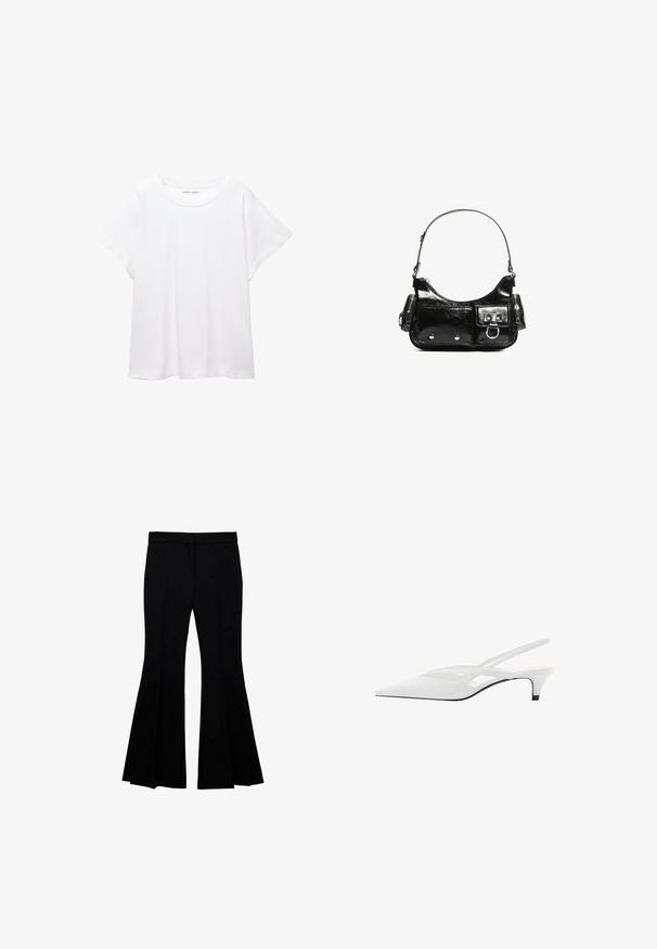 Witte T-shirt van zacht, lichtgewicht stof. Heeft een ronde halslijn en korte, brede mouwen met een ontspannen pasvorm. Geen zichtbare patronen.; Zwarte flared broeken van een gladde stof, met een strakke taille, brede beenopeningen en subtiele details van knie tot zoom.; Witte slingback hak met spitse neus, voorzien van een gladde bovenkant, subtiele uitsparingen en een lage blokhak. Zwarte zool accentueert het ontwerp.; Zwarte laarzen in lakleer met een gebogen vorm, één schouderband, voorvakken en accenten in zilverkleurig metaal.