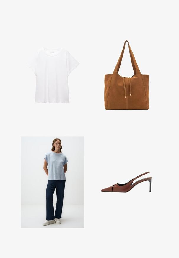 Weißes T-Shirt aus weichem, leichtem Stoff. Mit runder Halslinie und kurzen, weit geschnittenen Ärmeln für einen lässigen Sitz. Keine sichtbaren Muster.; Hellblau strukturierte Kurzarmbluse in Kombination mit dunkelblauen strukturierten weiten Hosen. Modell trägt weiße Plateausneaker. Minimalistischer Hintergrund.; Braune Leder Slingback-Pumps mit spitzer Zehe, Ausschnittdetail am Vorderblatt und elegantem Stiletto-Absatz. Glatte Textur.; Braune Wildleder-Tasche mit zwei langen Trägern, Zugverschluss und minimalistischem Design. Glatte Textur und keine sichtbaren Hardware-Details.
