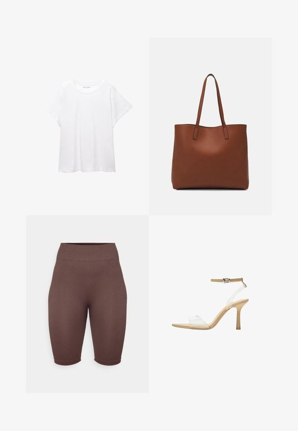 Biele tričko vyrobené z mäkkého, ľahkého materiálu. Má okrúhly výstrih a krátke, široké rukávy s uvoľneným strihom. Bez viditeľných vzorov.; Hnedé rebrované cyklistické šortky s vysokým pásom, vyrobené z elastického materiálu, s hladkou štruktúrou a priliehavým strihom.; Priehľadné sandále na vysokom podpätku s transparentným zvrškom, béžovou stielkou a štíhlym remienkom na členku. Majú špicatú špičku a tenký vysoký podpätok.; Hnedá kožená taška na rameno s hladkou textúrou, otvoreným vrchom a dvoma ramenými popruhmi. Má minimálne šitia a žiadne viditeľné kovania.