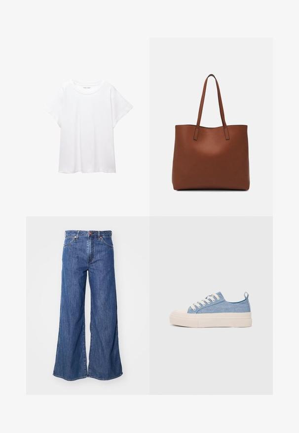 Bela majica s kratkimi rukavi, izdelana iz mehkega in lahkega blaga. Ima okroglo ovratnico ter kratke, široke rokave z udobnim krojem. Brez vidnih vzorcev.; Modre široke jeans hlače z visokim pasom, z sprednjimi žepi in standardnimi gumbi za pas, ki se ponašajo z mehkobo in klasičnim dizajnom.; Svetlo modri platneni športni copati z kremnim gumijastim zaščitnikom na prstih in podplatom, z belimi vezalkami in zanko na peti.; Rjava usnjena torba z gladko teksturo, odprto zasnovo zgoraj in dvema naramnima trakovoma. Opremljena je z minimalnim šivanjem in brez vidnih kovinskih delov.