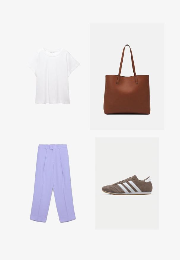 T-shirt blanc en tissu doux et léger. Il présente un col rond et des manches courtes et larges avec une coupe décontractée. Aucun motif visible.; Pantalons taille haute lilas, ajustés, avec passants de ceinture, plis avant, poches latérales, braguette zippée et ourlets larges à revers.; Chaussure de sport en suède brun avec des rayures blanches, bout rond, design à lacets et semelle en caoutchouc naturel. Empeigne texturée avec des détails de couture.; Sac fourre-tout en cuir marron avec une texture lisse, design à ouverture supérieure et deux poignées pour le porter à l'épaule. Présente des coutures minimales et aucun matériel visible.