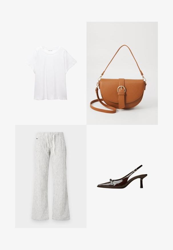 Valkoinen T-paita, joka on valmistettu pehmeästä ja kevyestä kankaasta. Omistaa pyöreän kaula-aukon ja lyhyet, leveät hihat rentoa istuvuutta varten. Ei näkyviä kuvioita.; Raidalliset housut valkoisina ja harmaana, joissa on kiristysnyörivyötärö, leveät lahkeet, kaksi etutaskua ja pehmeä, teksturoitu kangaspinta.; Ruske patenttimuoviset slingback-kengät, joissa on terävä kärki, matala korko ja koristeellinen kaarroke etuosassa. Sileä, kiiltävä pinta.; Ruskean nahkainen olkalaukku, jossa on kaareva muoto, kultaiset yksityiskohdat ja solkiyksityiskohta. Varustettu irrotettavalla olkahihnalla.
