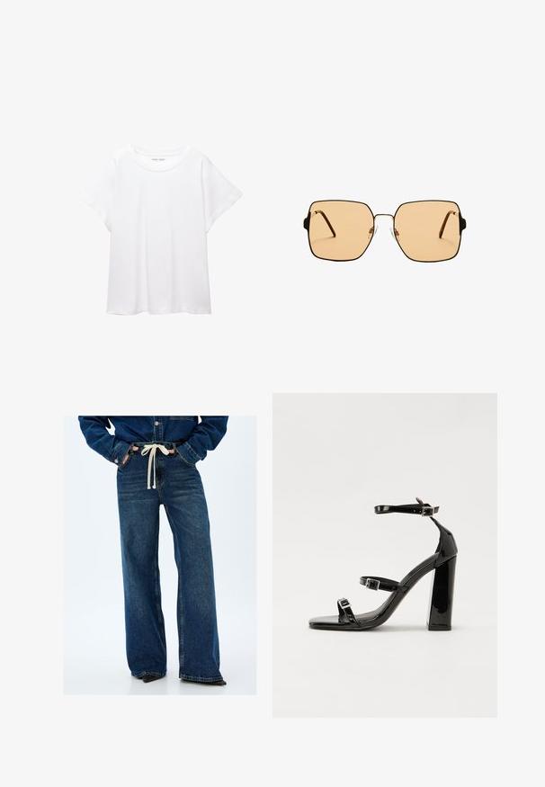 Biała koszulka wykonana z miękkiej, lekkiej tkaniny. Posiada okrągły dekolt oraz krótkie, szerokie rękawy, zapewniające luźny krój. Brak widocznych wzorów.; Szerokie niebieskie dżinsy z wysokim stanem, z kremowym sznurkiem ściągającym i kieszeniami z przodu; faktura materiału z klasycznym indygowym praniem.; Czarne lakierowane sandały na obcasie z kwadratowym noskiem, z paskami wokół kostki i srebrnymi klamrami. Posiadają masywny słupek dla stabilności.; Kwadratowe okulary przeciwsłoneczne z brązowymi soczewkami i cienką, czarną metalową oprawą. Posiadają skośne zauszniki i regulowane noski dla większego komfortu.; Miękki, dziany szalik w kolorze kremowym, luźno złożony u góry, z obiema końcówkami zwisającymi prosto w dół.; Brązowa skórzana torba na ramię o zaokrąglonym kształcie, ze złotymi akcentami i zapięciem w formie klamry. Posiada odpinany pasek na ramię.