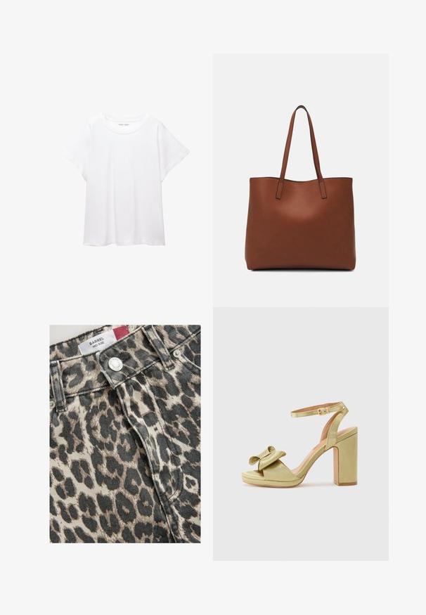 T-shirt bianco realizzato in un tessuto morbido e leggero. Presenta un collo rotondo e maniche corte e larghe con vestibilità morbida. Nessun motivo visibile.; Next TALL FIT - BARREL - Jeans baggy - leopard print; Sandal in satino verde con tacco alto, dettaglio a fiocco sulla fascetta anteriore, cinturino alla caviglia regolabile e tacco quadrato spesso.; Borsa tote in pelle marrone con texture liscia, design con apertura superiore e due spallacci. Presenta cuciture minime e nessun hardware visibile.