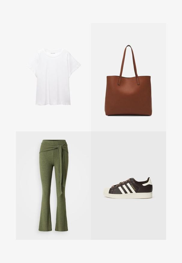 Hvid T-shirt lavet af blødt, let stof. Har en rund halsudskæring og korte, brede ærmer med en afslappet pasform. Ingen synlige mønstre.; Olivenfarvede bukser i et blødt stof med en bred bukseben design. Har en karakteristisk knude detalje i høj talje.; Low-top Adidas Superstar-sneaker i mørkebrunt læder med cremefarvet skal-tå, hvide striber og teksten "Superstar" på siden.; Brun læder tote taske med en glat overflade, åben topdesign og to skulderremme. Har minimal syning og ingen synlig hardware.