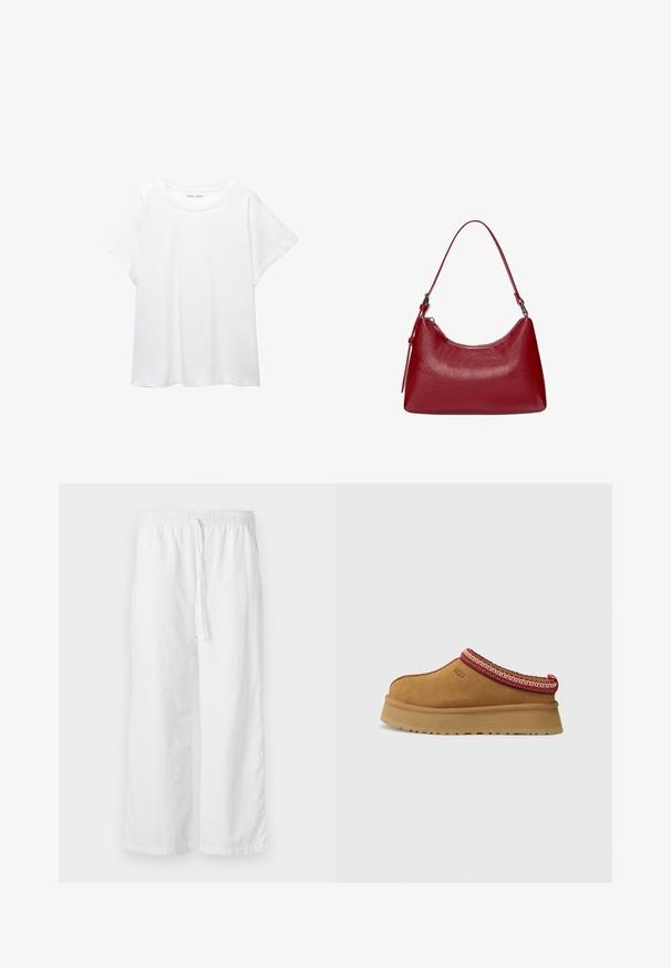 Vit t-shirt som är gjord av mjukt, lätt tyg. Har en rund halsringning och korta, vida ärmar med en avslappnad passform. Inga synliga mönster.; Vita, texturerade vida byxor med elastisk midja och justerbar dragsko. Enkel, minimalistisk design utan utsmyckningar.; Bruna mockasin i mocka med röd och gräddfärgad mönstrad trim, texturerad sula och UGG-logotyp på sidan. Har en lätt plattformshöjd.; Röd läderaxelväska med en rundad design, slät yta och dragkedjestängning. Den har ett tunt handtag för bärande.