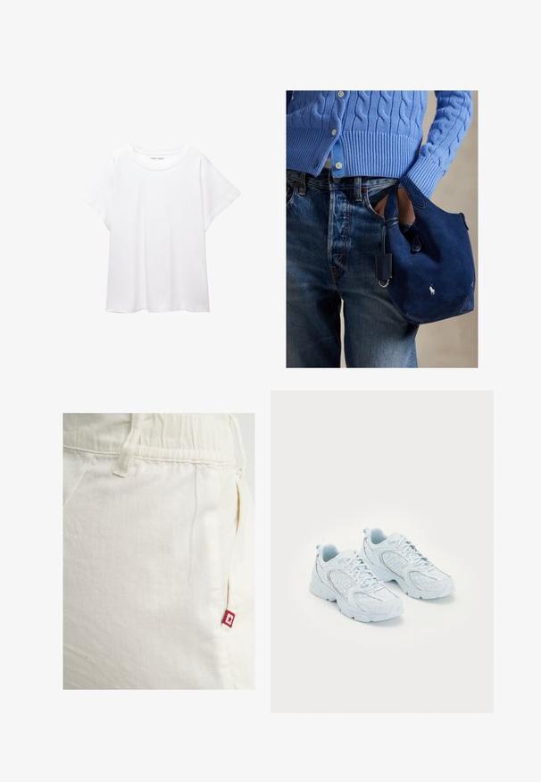 Tricou alb dintr-un material moale și ușor. Prezintă un decolteu rotund și mâneci scurte, largi, cu un croi lejer. Fără modele vizibile.; Pantaloni de trening de culoare crem, cu talie elastică și buzunar lateral, având un mic eticheta cu logo roșu și o stea pe buzunarul din dreapta.; Pantofi sport de culoare albastru deschis, cu un superior din plasă și sintetice, având buline albe și accente reflective, design cu șireturi și tălpi căptușite.; Geantă de mână din piele întoarsă bleumarin cu textură moale, două mânere și o etichetă mică atașată. Are un logo alb pe partea din față și o bază rotunjită.