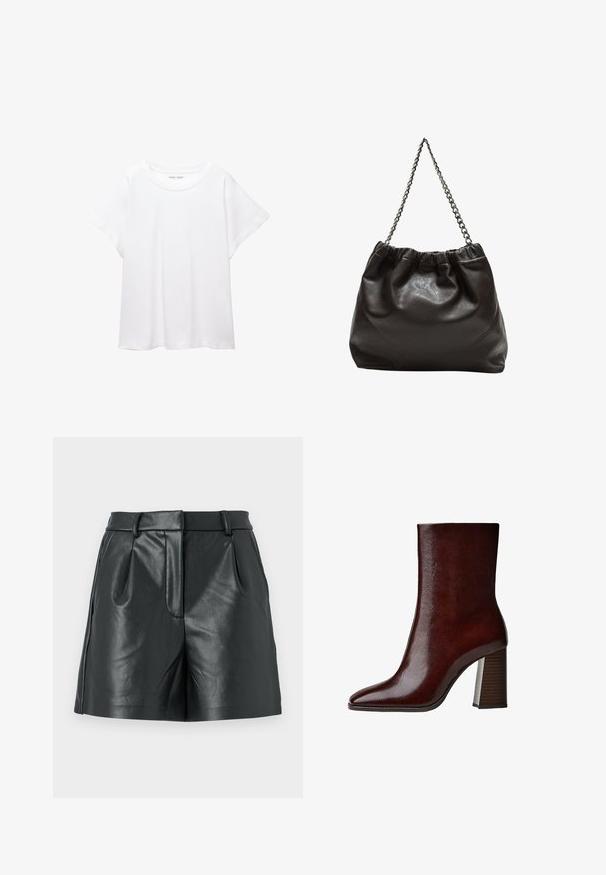 Bela majica s kratkimi rukavi, izdelana iz mehkega in lahkega blaga. Ima okroglo ovratnico ter kratke, široke rokave z udobnim krojem. Brez vidnih vzorcev.; ONLY ONLPENNY - Kratke hlače - black; Rjavi usnjeni gležnjarji s koničastim nosom, gladko teksturo in visokim blokastim peto, ki ima vertikalne utore.; Rjava usnjena torba z nabranim vrhom in verižnim trakom. Gladka tekstura z sijajno površino in subtilnimi šivi na straneh.