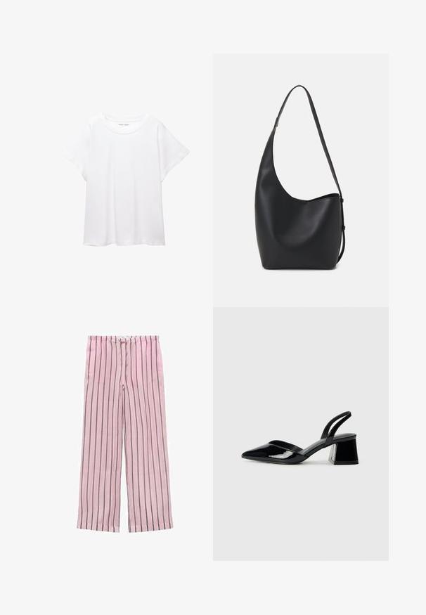 Biele tričko vyrobené z mäkkého, ľahkého materiálu. Má okrúhly výstrih a krátke, široké rukávy s uvoľneným strihom. Bez viditeľných vzorov.; Ružové pruhované nohavice s širokými nohavicami a čierno-sivými vertikálnymi pruhmi. Vyrobené z ľahkého materiálu, so elastickým pásom pre pohodlie.; Čierne lakované kožené sandálové podpätky s špicatou špičkou a geometrickým blokovým podpätkom. Disponujú elegantným, minimalistickým dizajnom a hladkým povrchom.; Čierna kožená hobo taška so hladkou textúrou, zakriveným tvarom a jedným nastaviteľným popruhom; má široké otvorenie na vrchu.