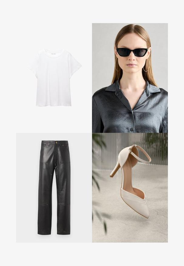 Bijela majica od mekane, lagane tkanine. Ima okrugli izrez i kratke, široke rukave s ležernim krojem. Bez vidljivih uzoraka.; Crne kožne hlače ravnog kroja, s istaknutim šavovima, četiri džepa i detaljima od bakrene boje. Glatka tekstura.; Bijela visoka potpetica u glatkom materijalu s oštrim vrhom i remenom oko gležnja. Ima svijetlosmeđi unutrašnjost i akcentu u zlatnoj boji.; Crne sunčane naočale u obliku mačjih očiju s sjajnom završnom obradom, nošene uz teksturiranu sivo dugmadastu košulju s ovratnikom. Velike okrugle naušnice su vidljive.
