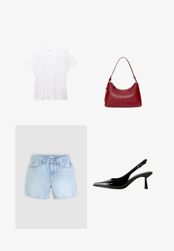 Bijela majica od mekane, lagane tkanine. Ima okrugli izrez i kratke, široke rukave s ležernim krojem. Bez vidljivih uzoraka.; Svijetloplavi traper šorc s dizajnom od pet džepova, zatvaranjem na gumb i blago izblijeđenim rubom. Tkanina ima mekan, teksturiran izgled.; Crne lakovane kožne cipele s otvorenom petom, šiljastim vrhom, izrezanim stranama, podešavajućom naramenicom i tankim, elegantnim potplatom.; Crvena kožna torba preko ramena s zakrivljenim dizajnom, glatkom teksturom i zatvaranjem na patentni zatvarač. Ima tanku dršku za nošenje.