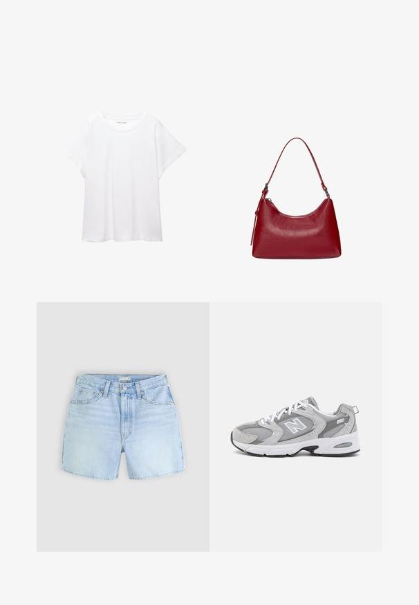 Bijela majica od mekane, lagane tkanine. Ima okrugli izrez i kratke, široke rukave s ležernim krojem. Bez vidljivih uzoraka.; Svijetloplavi traper šorc s dizajnom od pet džepova, zatvaranjem na gumb i blago izblijeđenim rubom. Tkanina ima mekan, teksturiran izgled.; Sive zimske tenisice s mrežastim i antilop gornjim dijelom, bijelim vezicama i crnim potplatom. Imaju istaknuti logotip "N" i podstavljeni ovratnik.; Crvena kožna torba preko ramena s zakrivljenim dizajnom, glatkom teksturom i zatvaranjem na patentni zatvarač. Ima tanku dršku za nošenje.