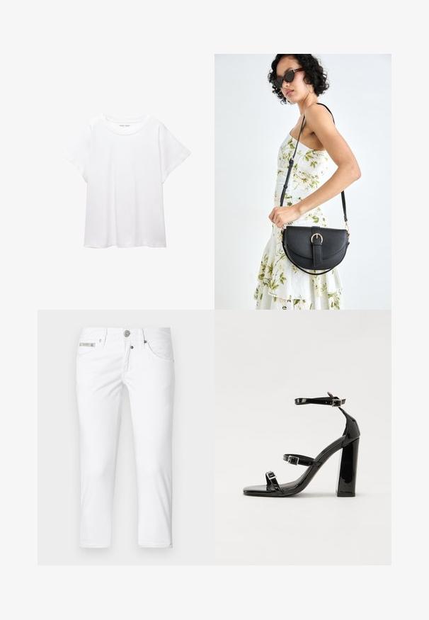 Witte T-shirt van zacht, lichtgewicht stof. Heeft een ronde halslijn en korte, brede mouwen met een ontspannen pasvorm. Geen zichtbare patronen.; Witte denim broek met een slim fit, vijf zakken en een knoopsluiting. Voorzien van een metalen logo-accent op de tailleband. Gladde textuur.; Zwarte gepatenteerde sandalen met hak en een vierkante neus, enkelbandjes en zilveren gespen. Heeft een stevige blokhak voor stabiliteit.; Zwarte leren handtas met een gebogen vorm, afneembare schouderband en gouden hardware. De tas heeft een klep met een gespsluiting.