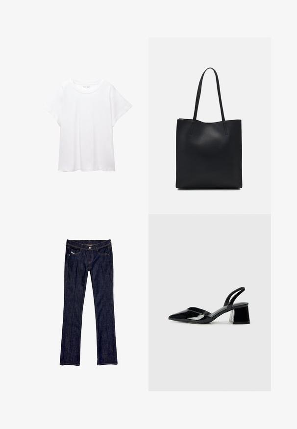 Vit t-shirt som är gjord av mjukt, lätt tyg. Har en rund halsringning och korta, vida ärmar med en avslappnad passform. Inga synliga mönster.; Mörkblå denimjeans med rak ben-design, med framknapplås, fem fickor och synlig sömnad längs sömmarna.; Svarta lackläder slingback klackar med spetsig tå och geometrisk klack. Har en elegant, minimalistisk design och slät yta.; Svart lädertoffelväska med slät textur, rektangulär form och två långa handtag. Ingen synlig hårdvara eller dekorationer.