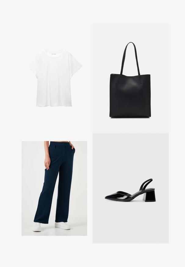 Witte T-shirt van zacht, lichtgewicht stof. Heeft een ronde halslijn en korte, brede mouwen met een ontspannen pasvorm. Geen zichtbare patronen.; Navyblauwe wijde broek van een zachte, rekbare stof, met een trekkoord in de taille en zijzakken, gecombineerd met witte sneakers.; Zwarte gepatineerde leren slingback hakken met een spitse neus en een geometrische blokhak. Kenmerkt zich door een slank, minimalistisch ontwerp en een gladde textuur.; Zwarte leren handtas met een gladde textuur, rechthoekige vorm en twee lange handvaten. Geen zichtbare hardware of versieringen.