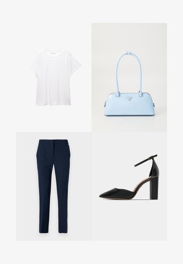 Tricou alb dintr-un material moale și ușor. Prezintă un decolteu rotund și mâneci scurte, largi, cu un croi lejer. Fără modele vizibile.; Pantaloni bleumarin din țesătură netedă, cu față plată, bucle pentru curea și detalii subtile pe laterale, aproape de talie. Croială tailored.; Pantof cu toc înalt din piele neagră, cu un brâu la gleznă, vârful ascuțit și toc pătrat gros. Textură netedă cu un design minimalist.; Geantă de mână bleu deschis, cu o formă structurată, din piele netedă, două mânere și un logo de brand triunghiular pe față. Închidere cu fermoar.
