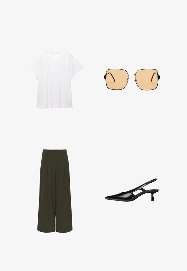 Biała koszulka wykonana z miękkiej, lekkiej tkaniny. Posiada okrągły dekolt oraz krótkie, szerokie rękawy, zapewniające luźny krój. Brak widocznych wzorów.; Szerokie spodnie w ciemnooliwkowym kolorze. Wykonane z gładkiego materiału, z plisowanym przodem i bocznymi kieszeniami. Prosty krój pasa.; Czarne lakierowane czółenka na odkrytej pięcie z wąskim noskiem, z wykrojem po bokach i małym kwadratowym obcasem. Gładka faktura z minimalnymi akcentami.; Kwadratowe okulary przeciwsłoneczne z brązowymi soczewkami i cienką, czarną metalową oprawą. Posiadają skośne zauszniki i regulowane noski dla większego komfortu.; Brązowa skórzana torba na ramię o zaokrąglonym kształcie, ze złotymi akcentami i zapięciem w formie klamry. Posiada odpinany pasek na ramię.