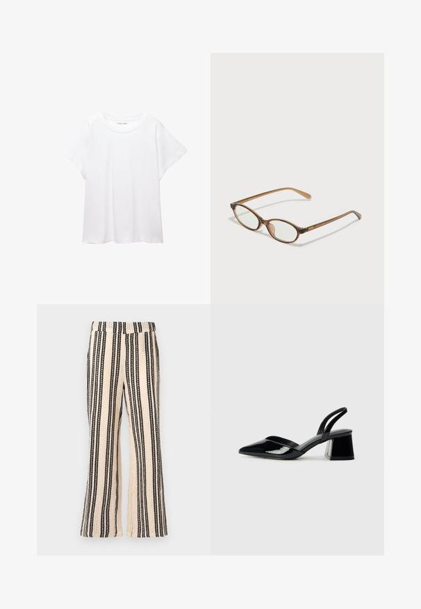 Bílý tričko vyrobené z měkké, lehké tkaniny. Má kulatý výstřih a krátké, široké rukávy s uvolněným střihem. Bez viditelných vzorů.; Pruhované kalhoty v krémové a černé barevné kombinaci, s širokým střihem a texturovanou tkaninou s tkaným vzorem.; Černé lakované kožené lodičky na pásku s špičatou špičkou a geometrickým blokovým podpatkem. Vyznačují se elegantním, minimalistickým designem a hladkým povrchem.; Hnědé želvovinové brýle s oválnými skly, tenkými bočními nohami a průhlednými akcenty. Obsahují decentní logo na stranu. Elegantní, lehký design.