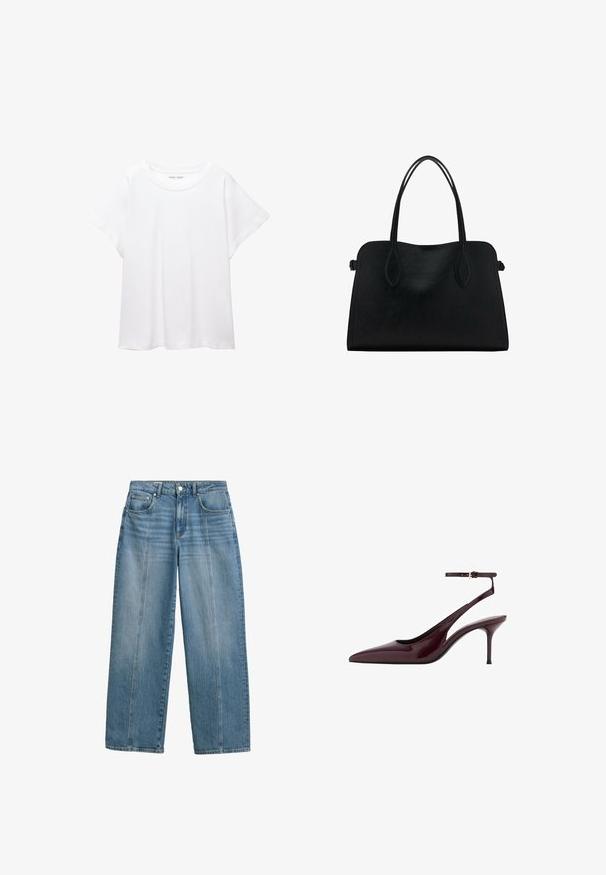 Bela majica s kratkimi rukavi, izdelana iz mehkega in lahkega blaga. Ima okroglo ovratnico ter kratke, široke rokave z udobnim krojem. Brez vidnih vzorcev.; Svetlo modri kavbojke z širokimi hlačnicami in visokim pasom. Imajo klasično zasnovo s petimi žepi in šivane sprednje panele za dodaten poudarek.; Burgundska lakasta čevlja s koničastim nosom in zanko okoli gležnja, z nežnim petnim peto in srednje visokim stiletto peto na belem ozadju.; Črna usnjena torbica z dvema naramnima trakoma, pravokotne oblike in minimalističnim dizajnom na beli podlagi.