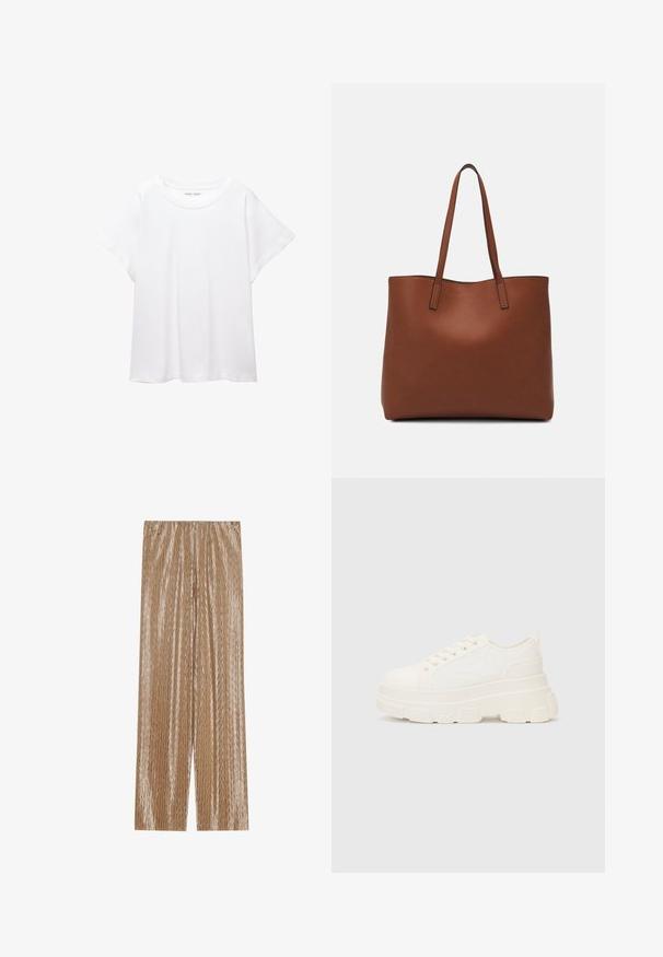 Bijela majica od mekane, lagane tkanine. Ima okrugli izrez i kratke, široke rukave s ležernim krojem. Bez vidljivih uzoraka.; Svijetlosmeđi plisirani hlače od sjajnog materijala, sa teksturiranim uzorkom cik-cak i elastičnom naramenicom za udobnost.; Bijela platnena tenisica s debelim potplatom, zaobljenim vrhom i pet rupica za vezice. Stražnji tab za jednostavno obuvanje. Glatka tekstura, minimalistički dizajn.; Smeđa kožna torba preko ramena s glatkom teksturom, otvorenim vrhom i dvjema naramenicama. Ima minimalne šavove i nema vidljivog hardvera.